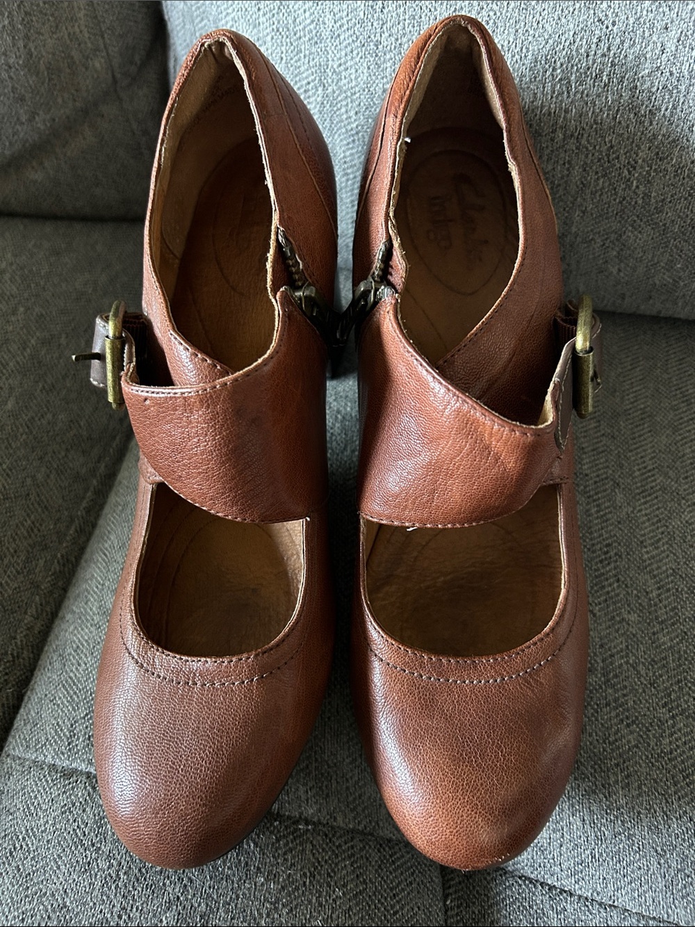 Clarks Brown Leather Mary Jane Heels with Buckle